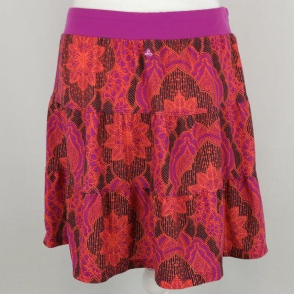 Prana Tranquility Women's Large Purple Orange Floral Tiered A-Line Knit Skirt - Picture 3 of 6
